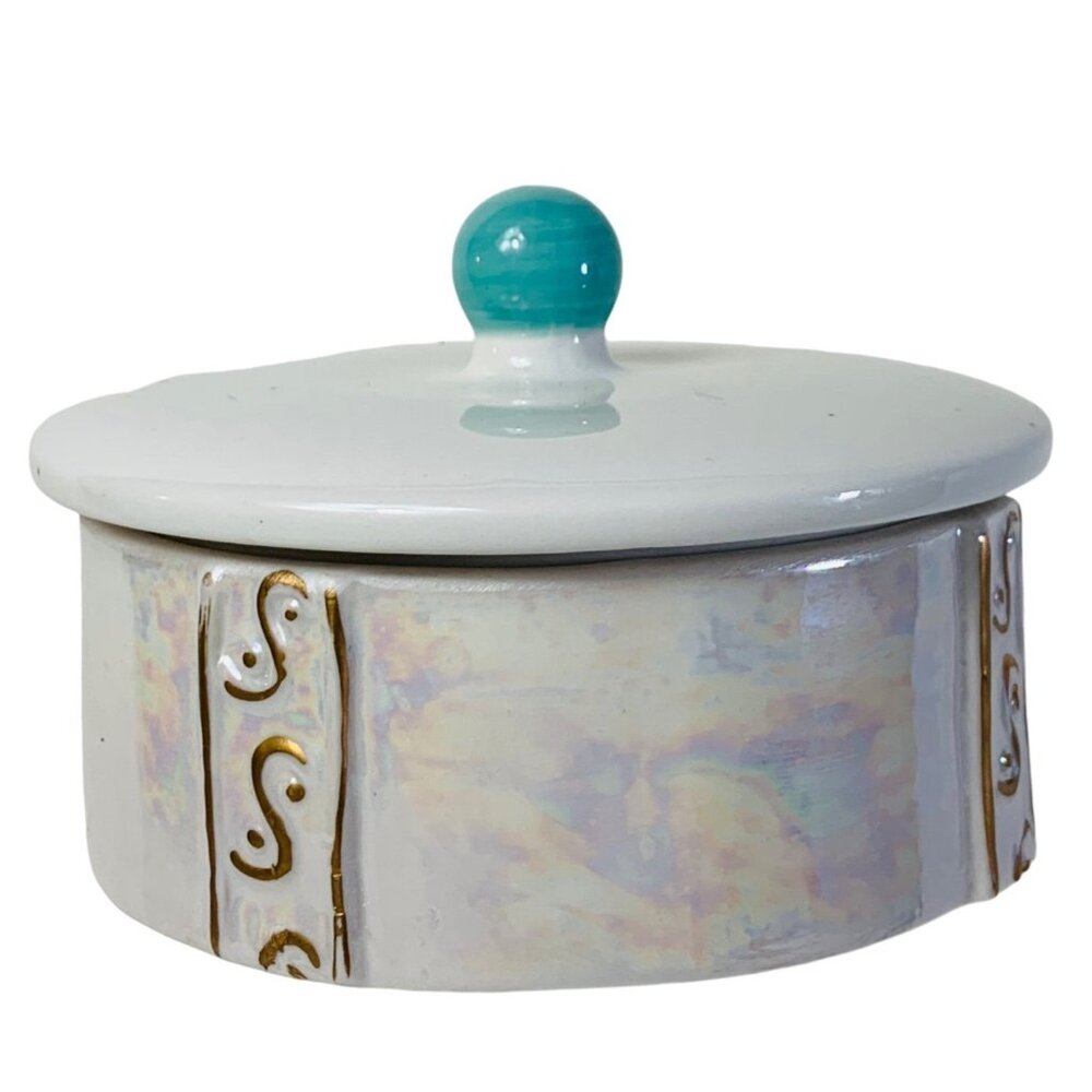 Iridescent Trinket Box Vanity Power Dish Lid Speckled Turquoise Knob Ceramic VTG
